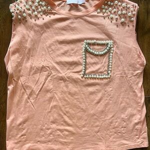 Botique Peach Sleeveless Top with Pearl and rhinestone Embellishments